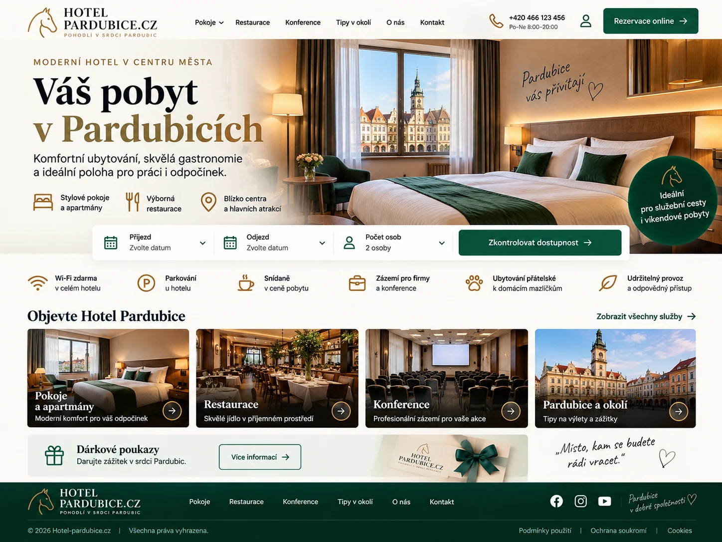 Ilustrační návrh Hotel-pardubice.cz jako lokálního hotelu a rezervační prezentace ubytování v Pardubicích